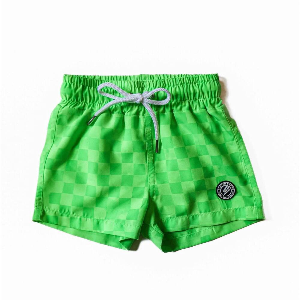 NEW FLETCH boy's water-activated checker swim trunk in neon green